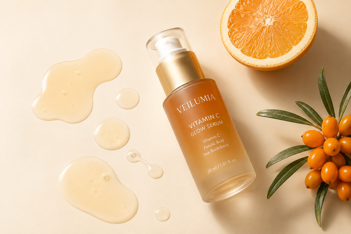 VEILUMIA Vitamin C Glow Serum surrounded by creamy serum texture, citrus and sea buckthorn ingredients
